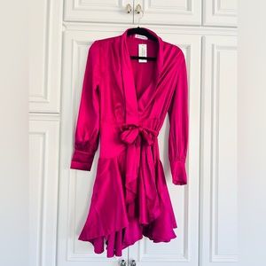 RIVIR Ruffled Wrap Satin Fuchsia Dress